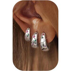 3Pairs Silver MultiColor for Multiple Piercing Hypoallergenic Hoop Earrings Set